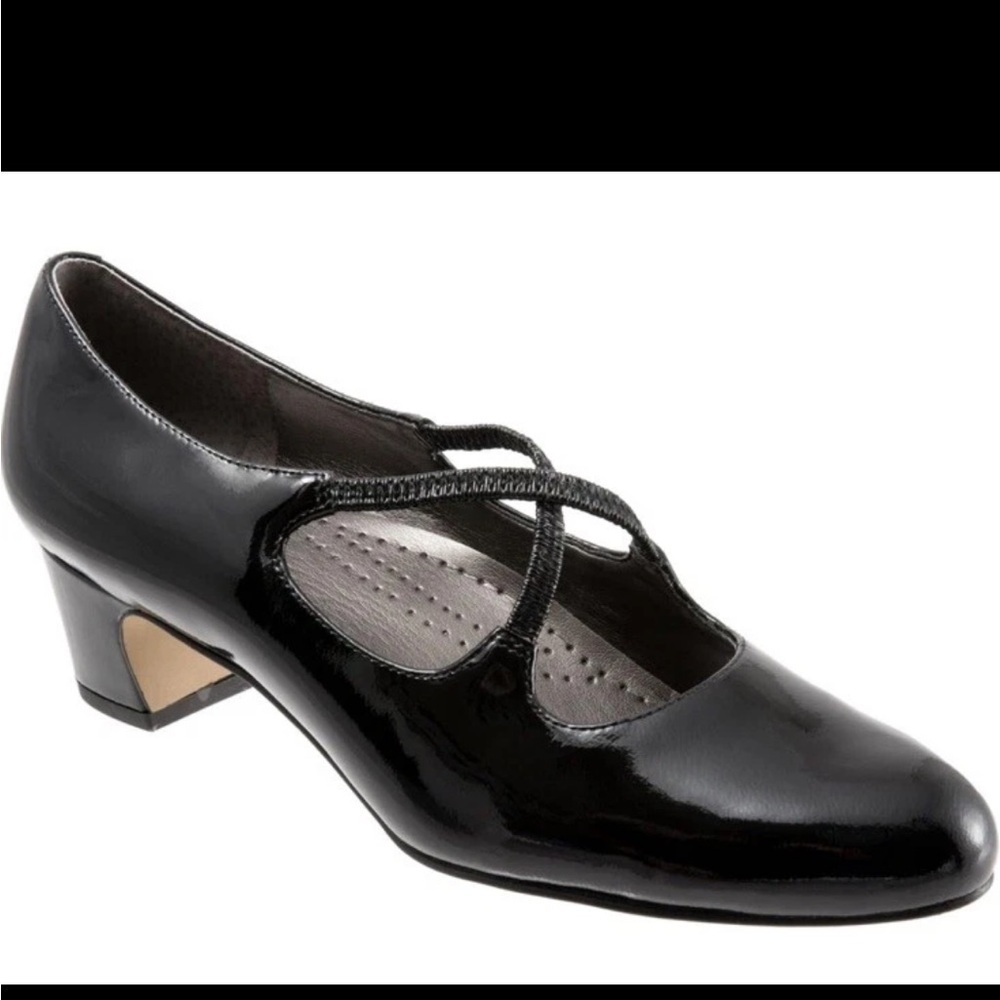 Trotters Black Leather Jaimie Cross black heels shoes Maryjane low heels 9.5 M